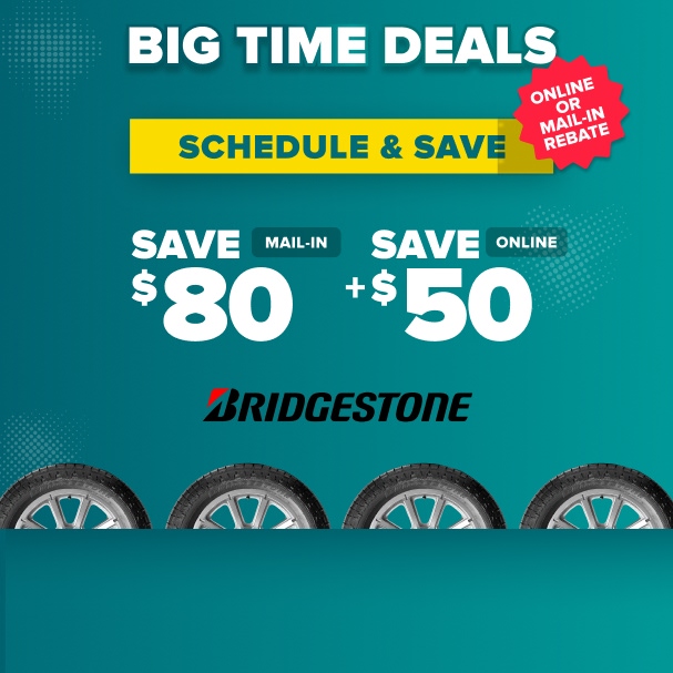 Bridgestone tire promotion on teal background showing savings of $80 mail-in rebate plus $50 online with four tires displayed.