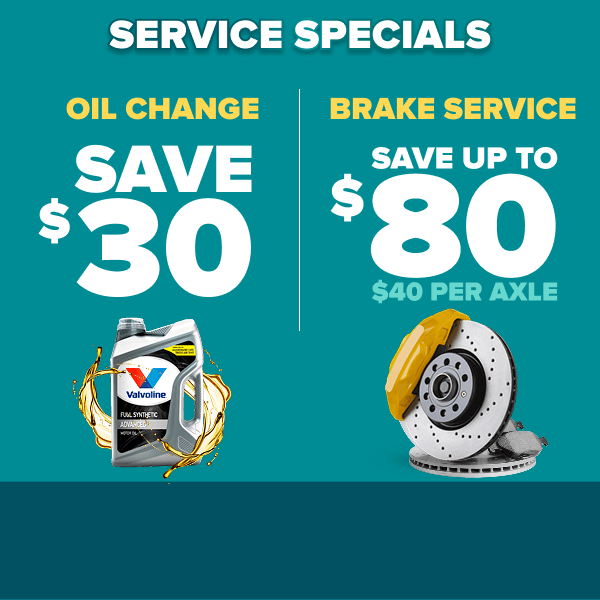 Evergreen banner: Oil changes save $30 with a Valvoline product, brakes service save up to $80 ($40 per axle), on teal background.