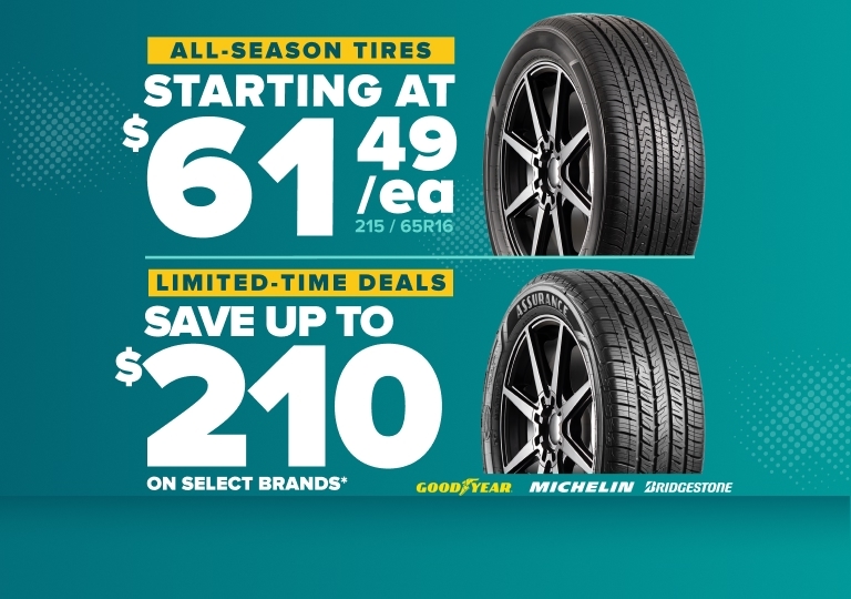 All-season tires promotional banner showing two tires on teal background with pricing starting at $61.49 and savings up to $210.