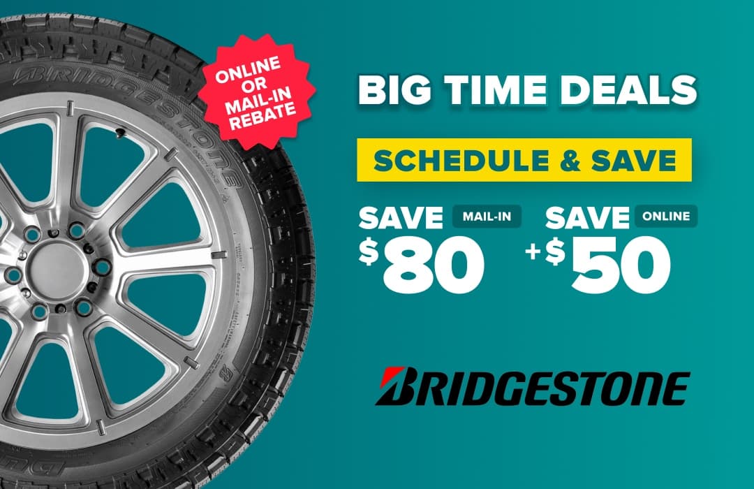 Bridgestone tire promotion showing wheel and tire with text advertising savings of $80 mail-in or $50 online rebate.