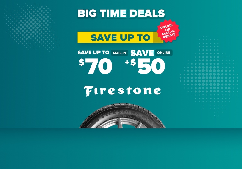 Firestone tire promotion on teal background advertising savings up to $70 mail-in and $50 online rebate with tire image.