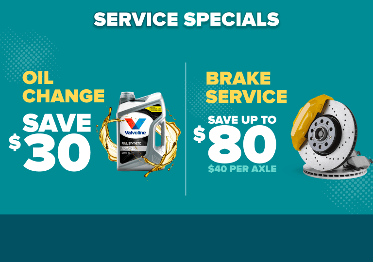 Evergreen banner: Oil changes save $30 with a Valvoline product, brakes service save up to $80 ($40 per axle), on teal background.