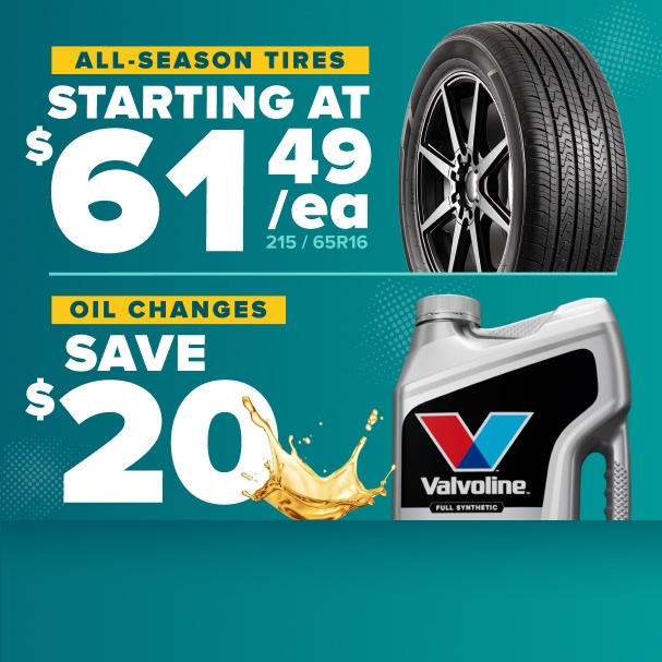 Automotive promotion showing all-season tires starting at $61.49 each and oil changes saving $20 with Valvoline product on teal background