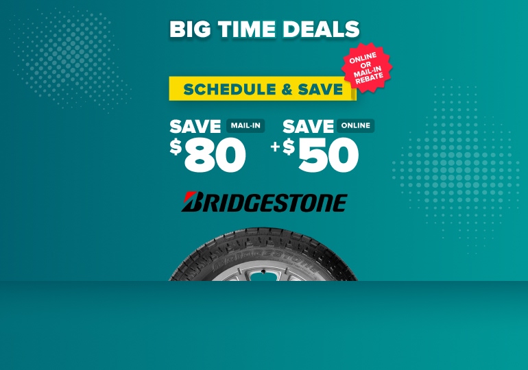 Bridgestone tire promotion offering $80 mail-in rebate plus $50 online savings with teal background and tire image.